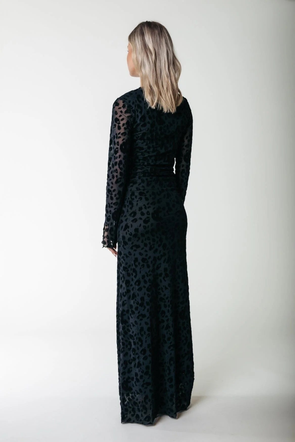 Colourful Rebel | Maude Leopard Flock Mesh Maxi Dress LS | Black (WD116258)