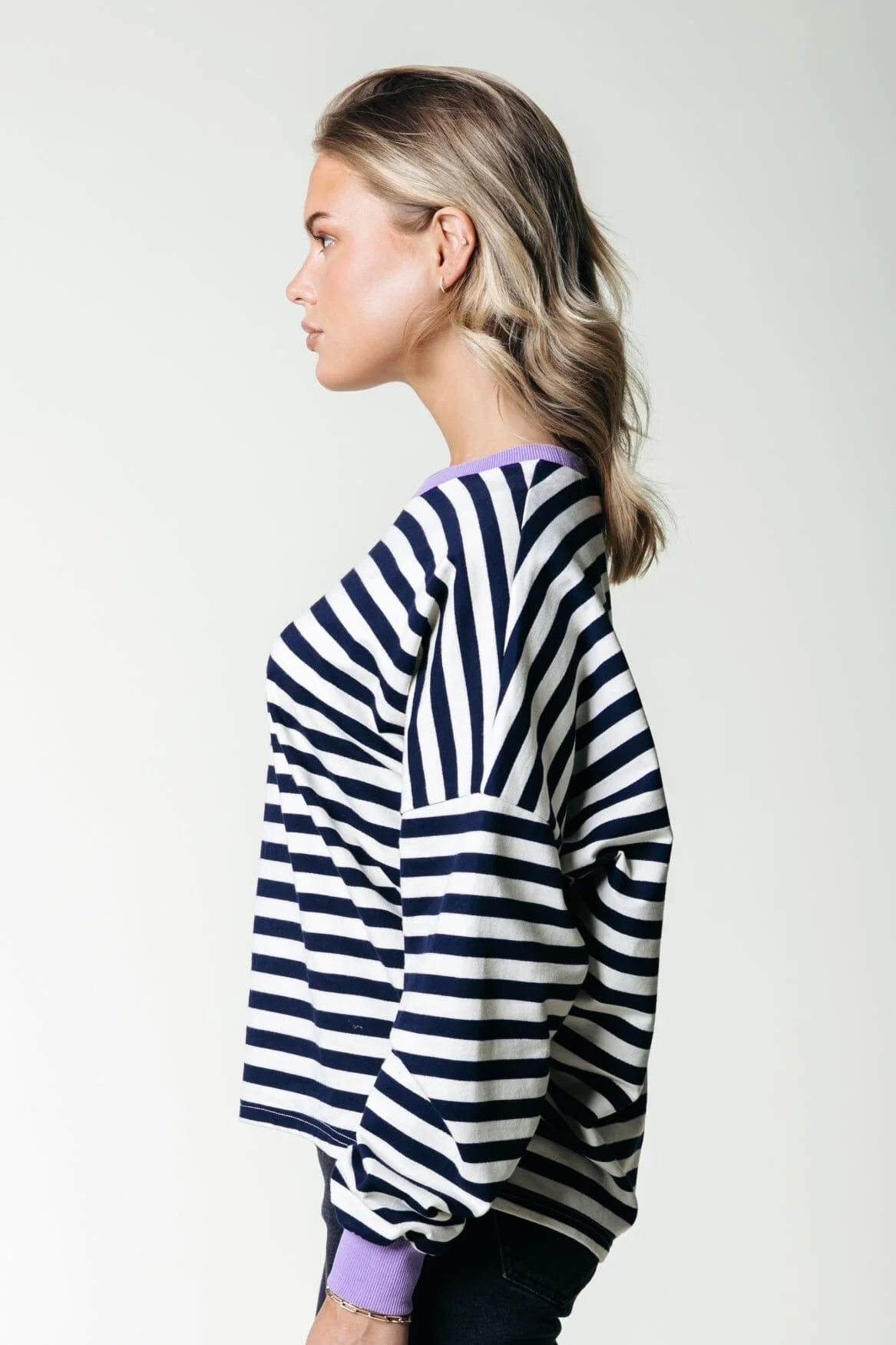 Colourful Rebel | Stripe Contrast Dropped Shoulder Sweat - 509 Navy