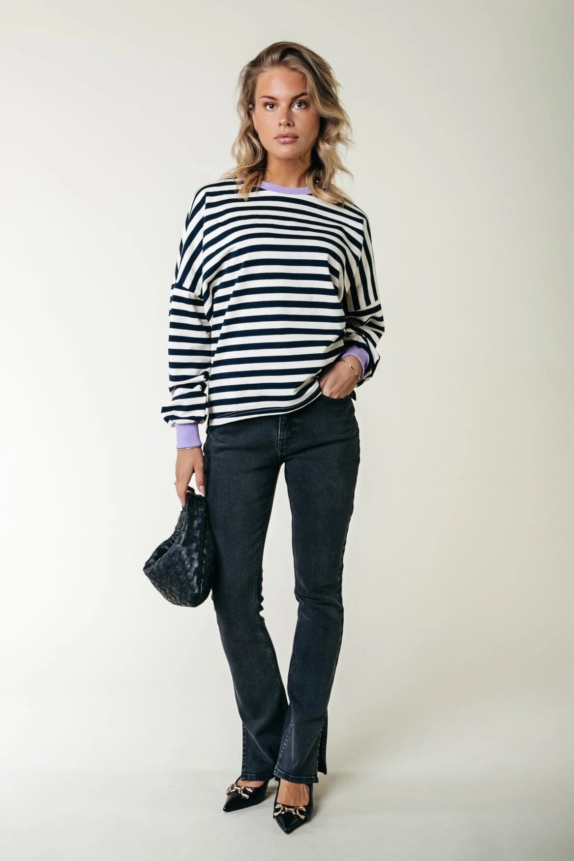 Colourful Rebel | Stripe Contrast Dropped Shoulder Sweat - 509 Navy