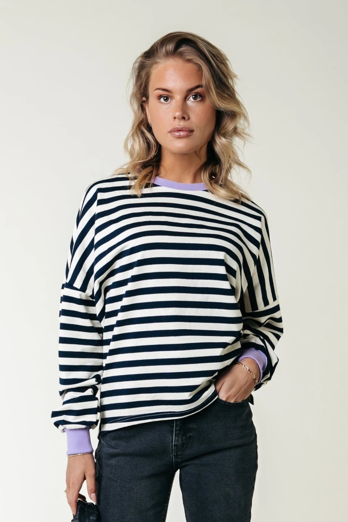 Colourful Rebel | Stripe Contrast Dropped Shoulder Sweat - 509 Navy